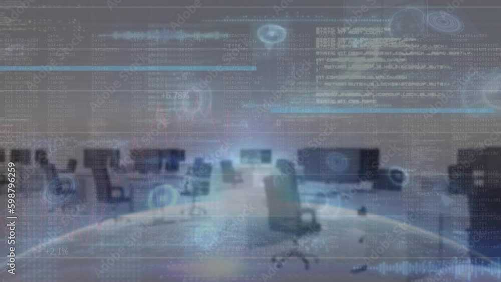 Animation of round scanner and data processing over empty office against globe in space Animation of round scanner and data processing over empty office against globe in space