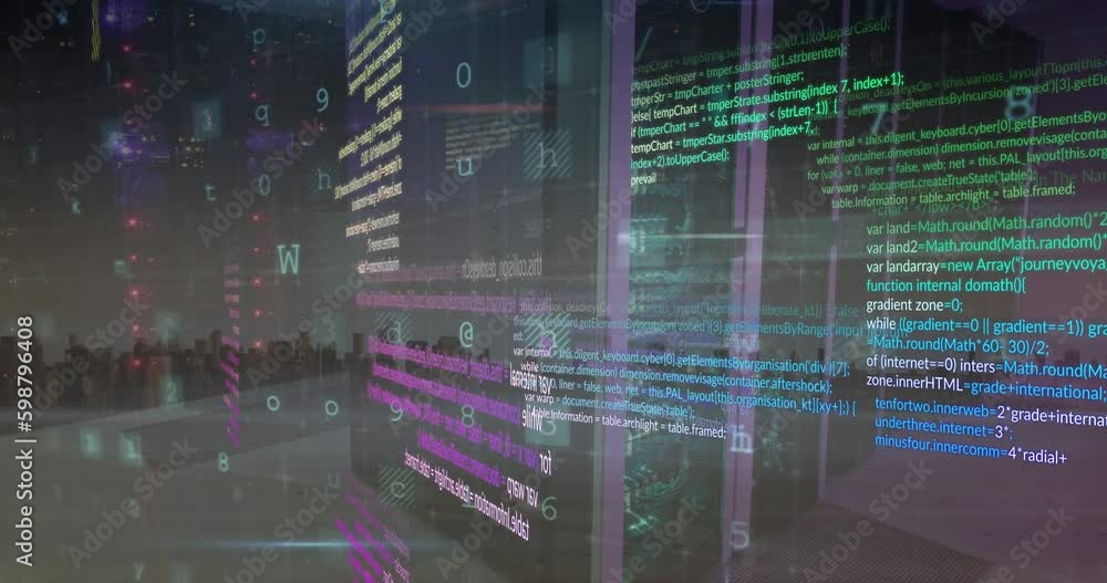 Animation of cyber security data processing over computer server room against view of cityscape Animation of cyber security data processing over computer server room against view of cityscape