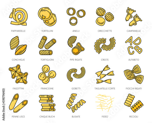 Pasta type line icons, Italian food spaghetti and macaroni in vector outline. Italian pasta types for package icon or cuisine menu, penne and pappardelle with tortellini and fideo with tagliatelle