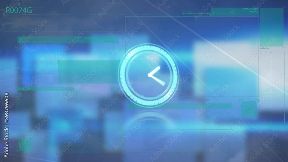 Animation of neon ticking clock and network of connections against clouds in the sky