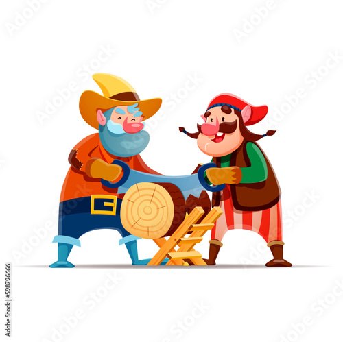 Cartoon gnome or dwarf characters sawing wood. Fantasy elf, garden gnome or fairytale dwarf cheerful isolated vector characters. Fairy midget funny lumberjack personages cutting log with hand saw