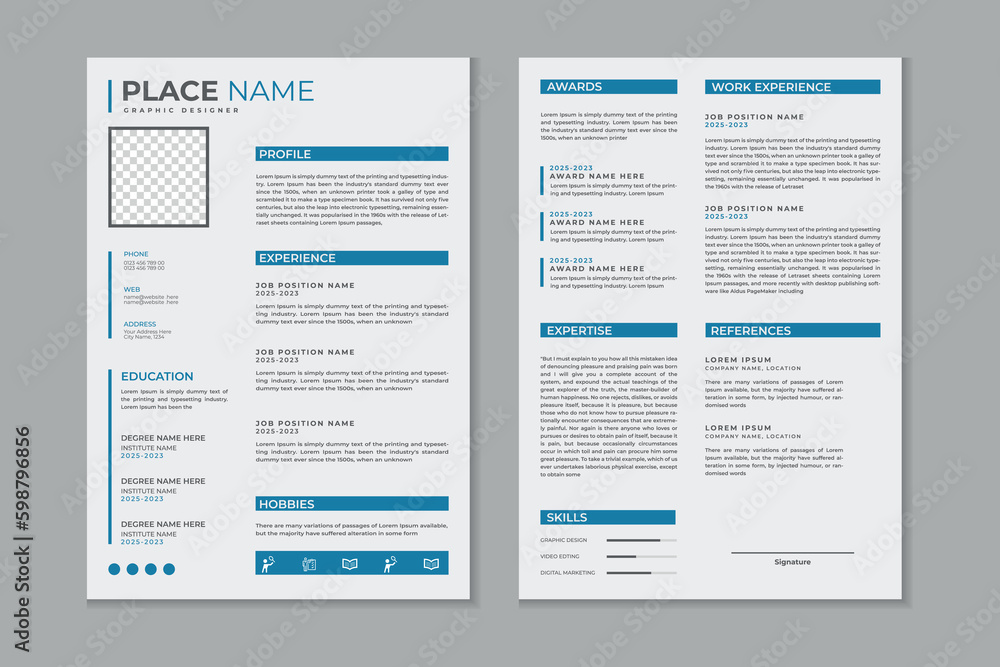 Professional modern and clean double pages resume template, CV layout design with mockup 
