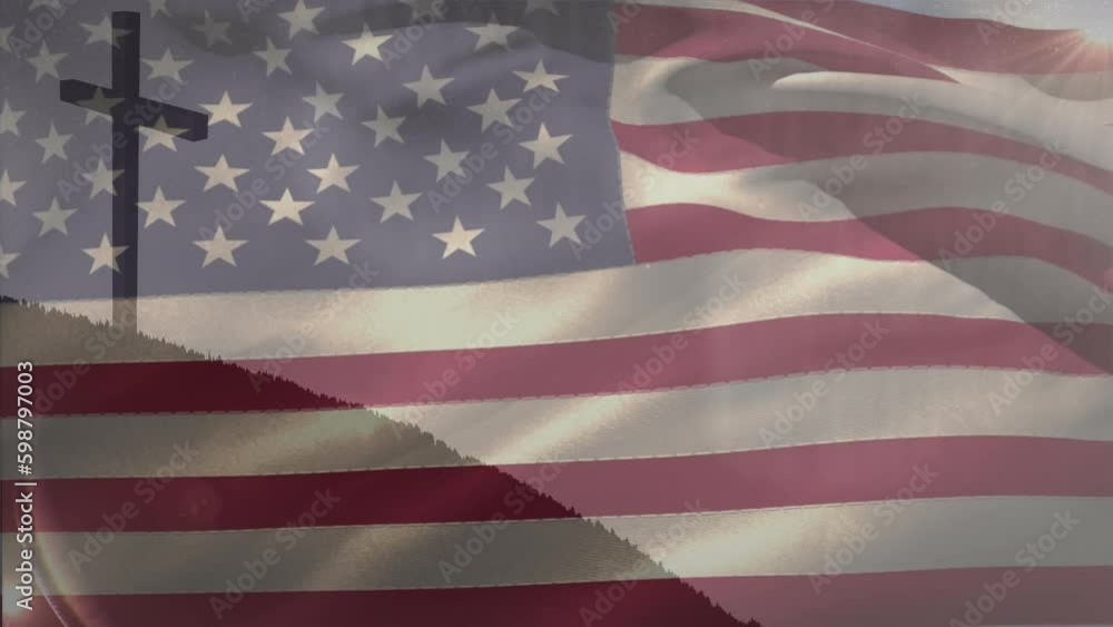 Animation of christian cross and flag of united states of america Animation of christian cross and flag of united states of america