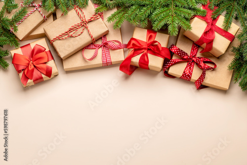 Xmas fir tree branch, Christmas gift boxes and space