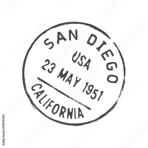 San Diego postage and postal stamp. Letter envelope or parcel imprint, United States of America postal grunge vector ink stamp or mail delivery departure California San Diego city seal