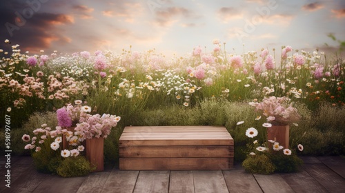 Natural podium product display backdrop with dreamy flower field background generative ai