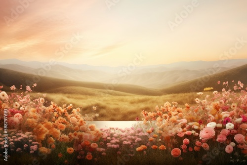 Natural podium product display backdrop with dreamy flower field background generative ai © pickypix