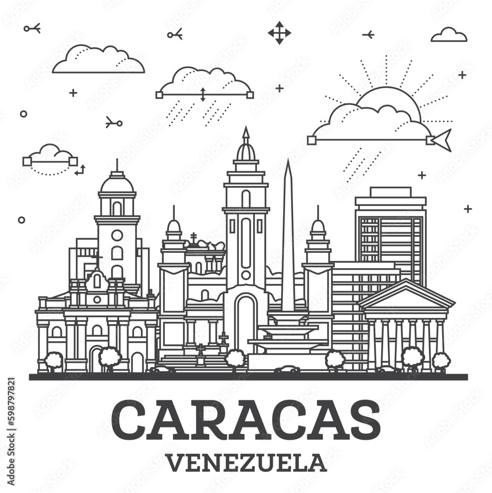 Outline Caracas Venezuela City Skyline with Modern and Historic Buildings Isolated on White. Caracas Cityscape with Landmarks.