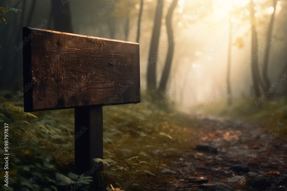 Old wooden sign board with empty space for text on a pole in the forest ...