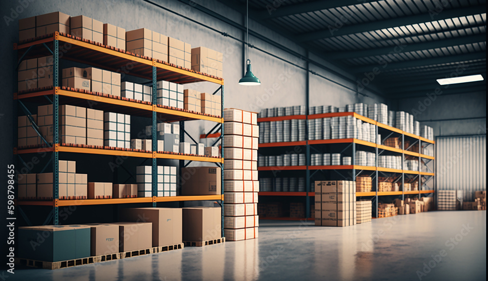 large clean warehouse with shelfs carboard boxes and products. Generative AI large clean warehouse with shelfs carboard boxes and products. Generative AI
