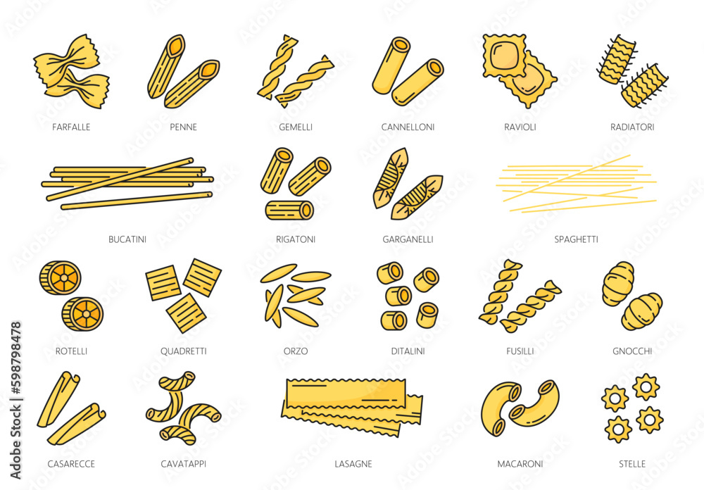 Vecteur Stock Pasta type outline icons, Italian food spaghetti and
