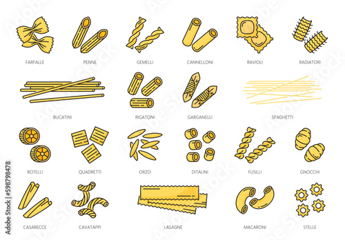 Pasta type outline icons, Italian food spaghetti and macaroni, line vector. Italian pasta linear icons of fusilli, penne and rigatoni with ravioli, farfalle and cannelloni of Italian cuisine cooking