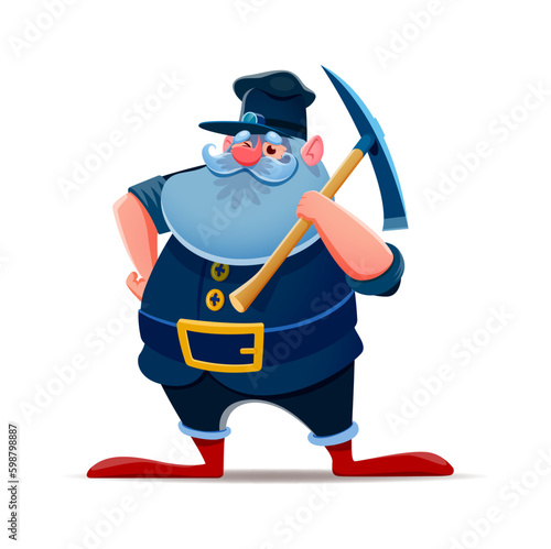 Cartoon gnome dwarf miner character with pickaxe, vector fairy tale man. Dwarf or gnome elf miner worker with mattock for treasure mining, kids fairytale cartoon character or fantasy creature
