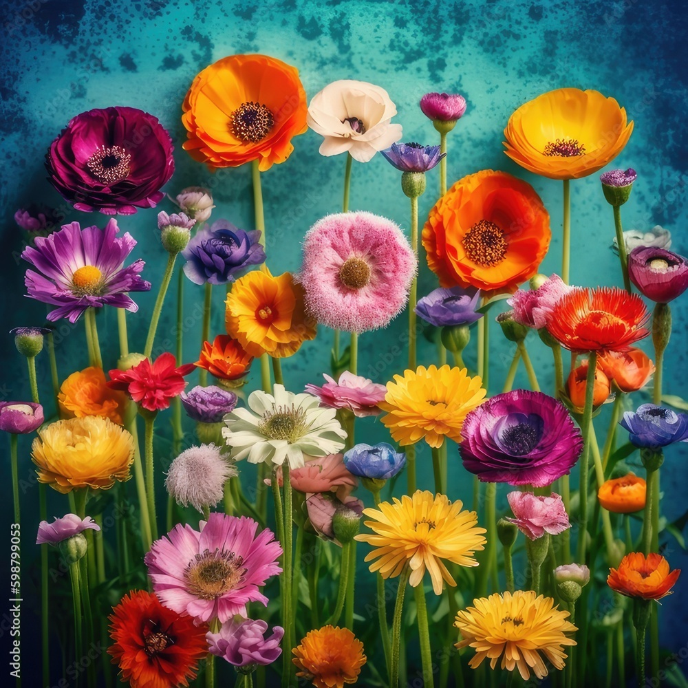 Obraz premium colorful flowers blue background