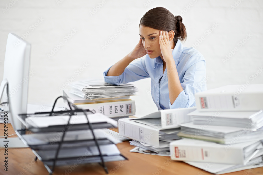 Businesswoman, paperwork and workload stress from office, documents and company employee, tired and work burnout. Female secretary, frustrated and desk of business files, corporate Generative AI - obrazy, fototapety, plakaty 