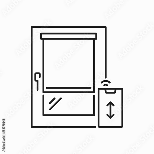 Roller blind, vertical jalousie on remote control isolated outline icon. Vector window shutter, automatic window curtain interior design element