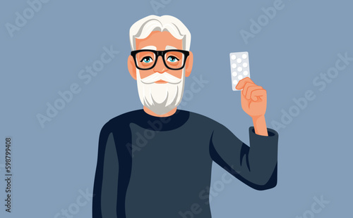 Old Man Holding Pill Tablet Treatment Vector Cartoon Illustration. Grandpa feeling sick holding medication relief
