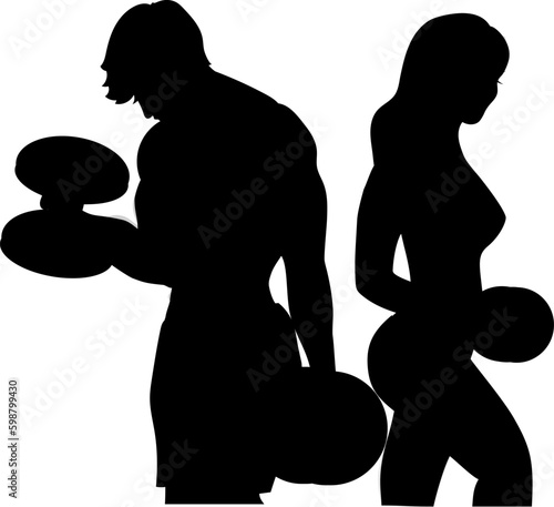 A guy and a girl of an athletic build are training with dumbbells in the gym