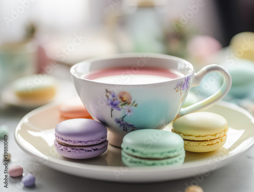 Macarons with Cup of tea. Ai generated