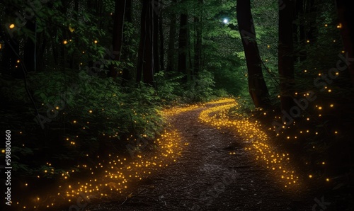 Magical forest path illuminated by glowing fireflies Creating using generative AI tools