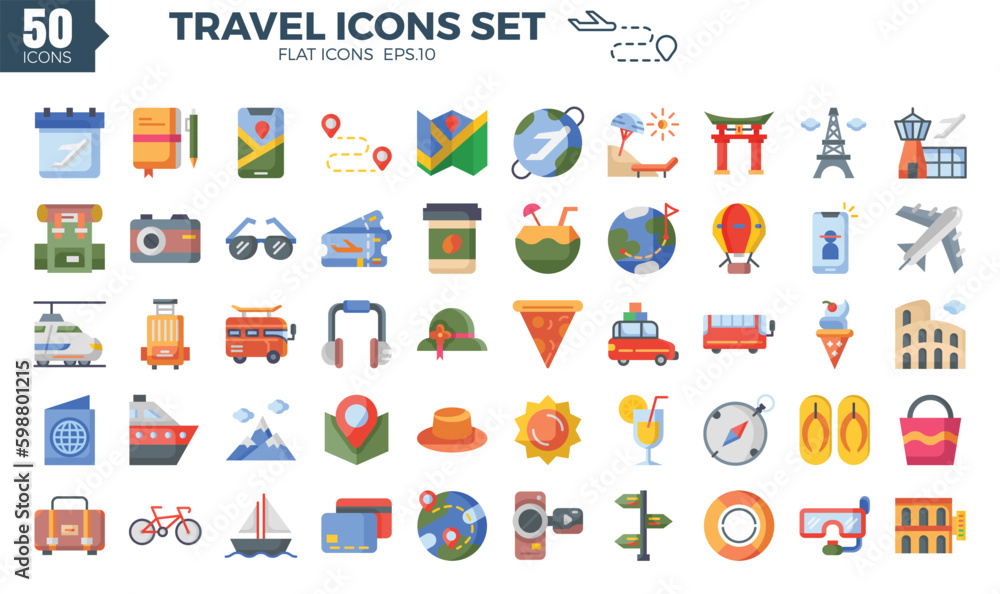 Travel icon set (flat). The collection includes web design, application design, UI design, Travel icon set (flat). The collection includes web design, application design, UI design,
