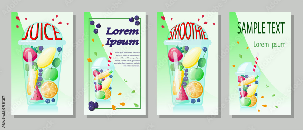 Set of flyers for beach club, farm produce store, organic vegetables and fruit. Vector illustration for poster, banner, advertising, cover of menu. Set of flyers for beach club, farm produce store, organic vegetables and fruit. Vector illustration for poster, banner, advertising, cover of menu.