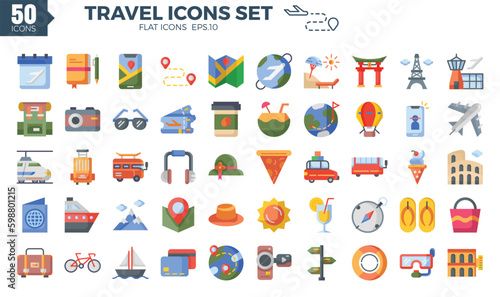 Travel icon set (flat). The collection includes web design, application design, UI design,