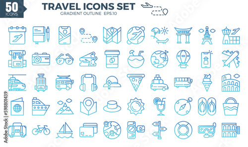 Travel icon set (gradient outline). The collection includes web design, application design, UI design,