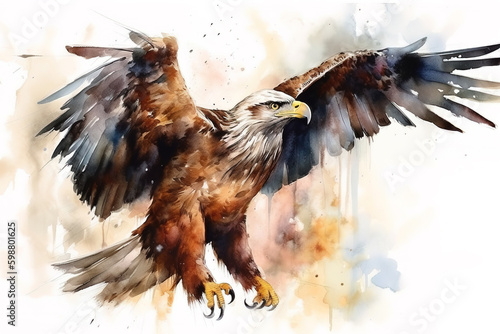 Image of beautiful watercolor painting of an eagle. Bird. illustration. Generative AI. © yod67