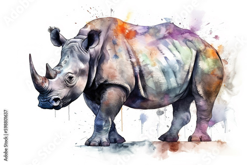 Watercolor painting of a rhinoceros on a white background. Wildlife Animals. Illustration  generative AI.