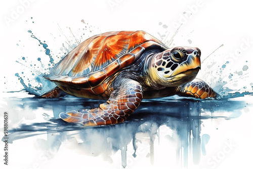 Watercolor painting of a turtle on a white background. Wildlife Animals. Illustration, generative AI.