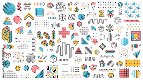 Memphis geometric shapes, abstract modern minimal line elements and vector symbols. Memphis pattern geometric shapes of circle, triangle and color dots, vintage retro art forms and figures for pattern