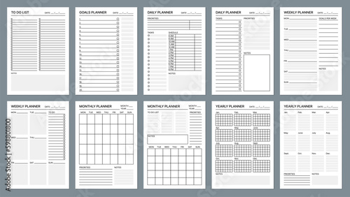 Planner page templates. Business week organizer checklist, office work printable vector agenda, school or college education daily goal planners templates. Task organization, calendar blank sheets set