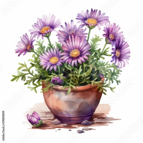Beauty in Simplicity: Asters in Pot Watercolor Painting with a Minimalist Touch. AI Generated