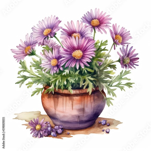 Artistic Blooms: Asters in Pot Watercolor Painting with a Modern Flair. AI Generated