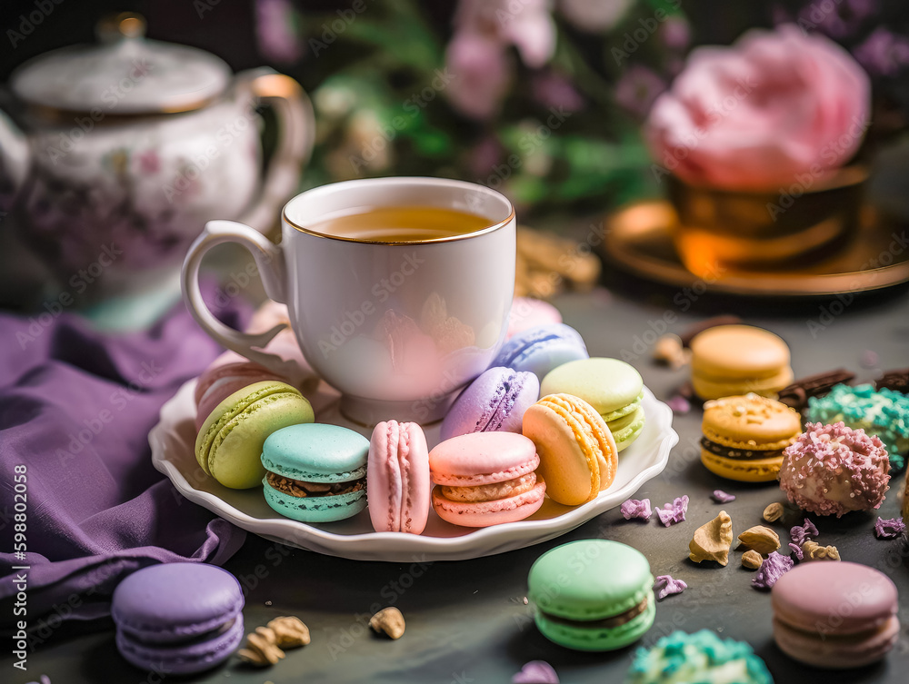 Macarons with Cup of tea. Ai generated Macarons with Cup of tea. Ai generated