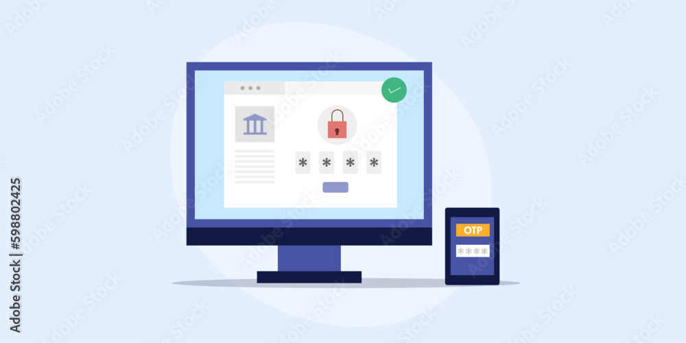 Internet banking putting OPT message for completing financial transaction, 2 factor authentication cyber security system. Flat design vector web banner.
