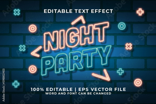 Night Party 3d Editable Text Effect Neon Style Premium Vector