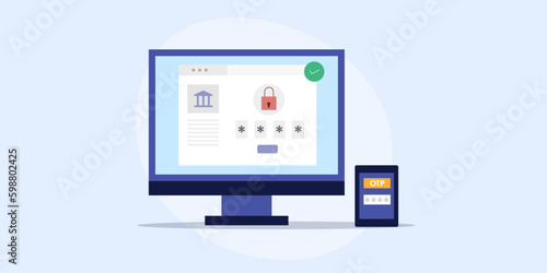 Internet banking putting OPT message for completing financial transaction, 2 factor authentication cyber security system. Flat design vector web banner.