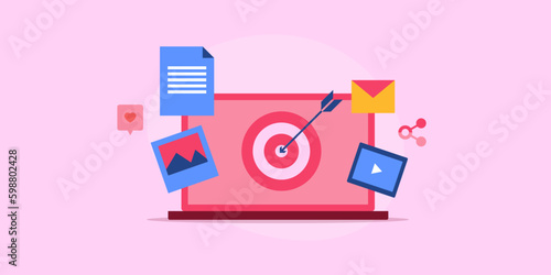Company uses content marketing strategy executing online business objectives, arrow hits target board on laptop screen, vector illustration.    