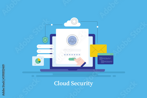 Cybersecurity integrated with cloud computing system, person accessing to encrypted data with secure login password from laptop screen, video animation.