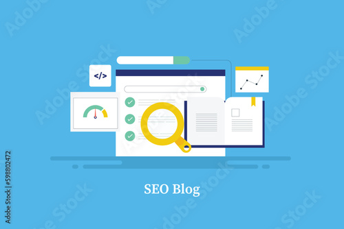 Learning about SEO optimization from digital marketing blog, website optimization, coding, meta data SEO book and blog concept, vector illustration. 