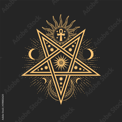 Esoteric occult vector sign with pentagram star, crescent, Sun and ankh cross. Astrological amulet, isolated tarot card symbol, spiritual magic talisman or mason emblem