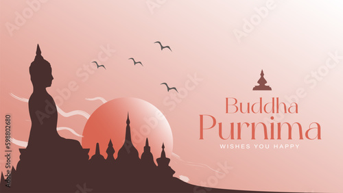 Happy Buddha Purnima background illustration design with buddha and stupa silhouette vector