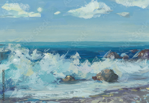 Wallpaper Mural Sea and beach views. Gouache drawing of a deserted summer beach with a bunch of stones. Beautiful bright turquoise sea. The concept of travel, vacation, relaxation. Summer holidays. Contemporary art. Torontodigital.ca