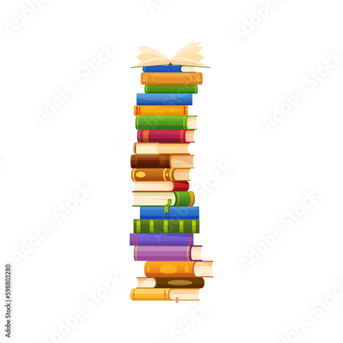 Books stack, isolated vector cartoon pile of reading materials of various sizes, colors and shapes stacked in high tower. Educational, library, school or university textbooks for reading or teaching