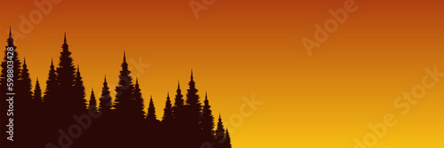 sunset pine tree silhouette flat design vector illustration good for web banner, ads banner, tourism banner, wallpaper, background template, and adventure design backdrop