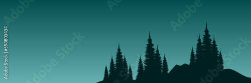 sunset pine tree silhouette flat design vector illustration good for web banner, ads banner, tourism banner, wallpaper, background template, and adventure design backdrop