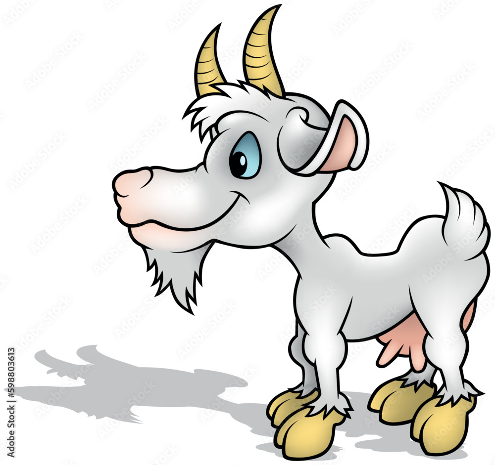 Smiling Horned Goat Standing on the Ground from Side View