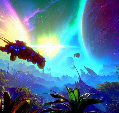 Diseños de arte digital inspirados en el videojuego Starfield. Los astronautas descubren y exploran nuevos planetas a bordo de sus naves espaciales.